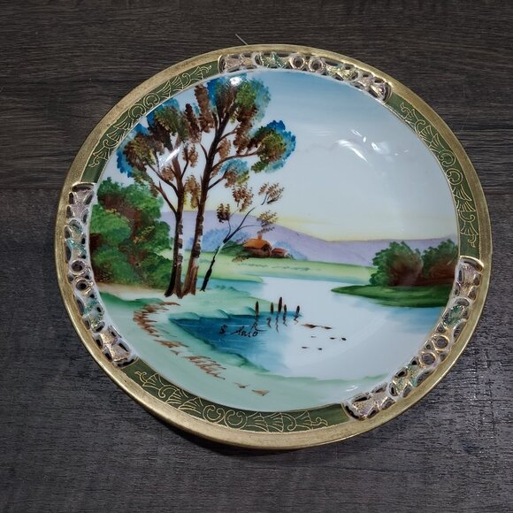 Ucacgo Japan Porclian Plate Landscape Cabin Scene Hand Painted Signed Set Of 2 - Picture 5 of 12